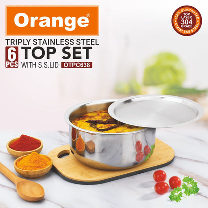 Orange Triply Stainless Steel Tope Set of 6 with Lids | Multipurpose Cookware for Milk, Dal, Rice & Boiling | 2.5mm Heavy Base | Induction & Gas Friendly | Stackable | Silver | 5 Year Warranty