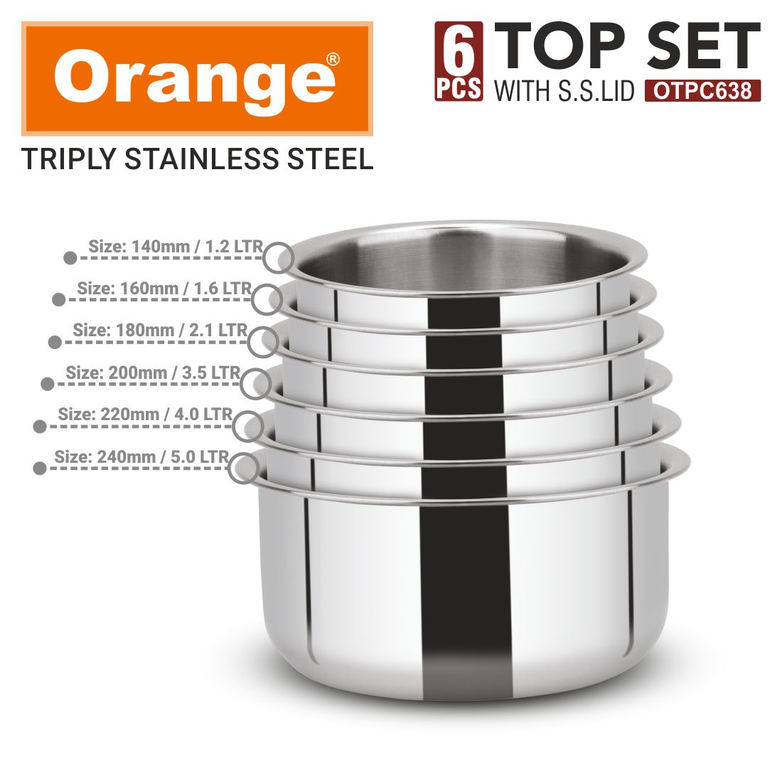 Orange Triply Stainless Steel Tope Set of 6 with Lids | Multipurpose Cookware for Milk, Dal, Rice & Boiling | 2.5mm Heavy Base | Induction & Gas Friendly | Stackable | Silver | 5 Year Warranty
