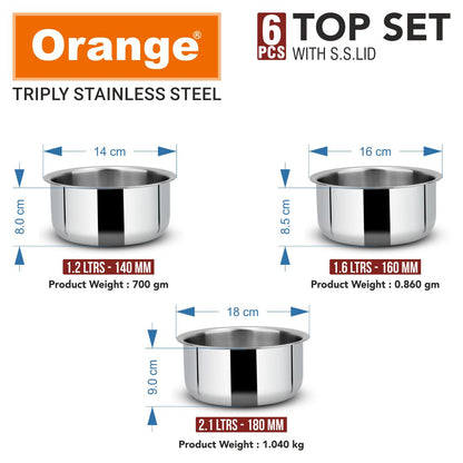 Orange Triply Stainless Steel Tope Set of 6 with Lids | Multipurpose Cookware for Milk, Dal, Rice & Boiling | 2.5mm Heavy Base | Induction & Gas Friendly | Stackable | Silver | 5 Year Warranty