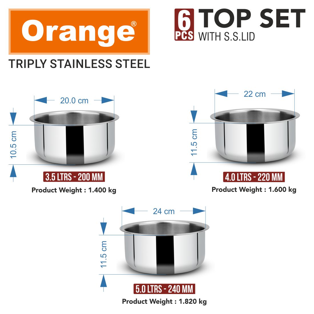 Orange Triply Stainless Steel Tope Set of 6 with Lids | Multipurpose Cookware for Milk, Dal, Rice & Boiling | 2.5mm Heavy Base | Induction & Gas Friendly | Stackable | Silver | 5 Year Warranty