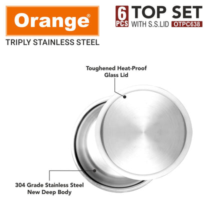 Orange Triply Stainless Steel Tope Set of 6 with Lids | Multipurpose Cookware for Milk, Dal, Rice & Boiling | 2.5mm Heavy Base | Induction & Gas Friendly | Stackable | Silver | 5 Year Warranty