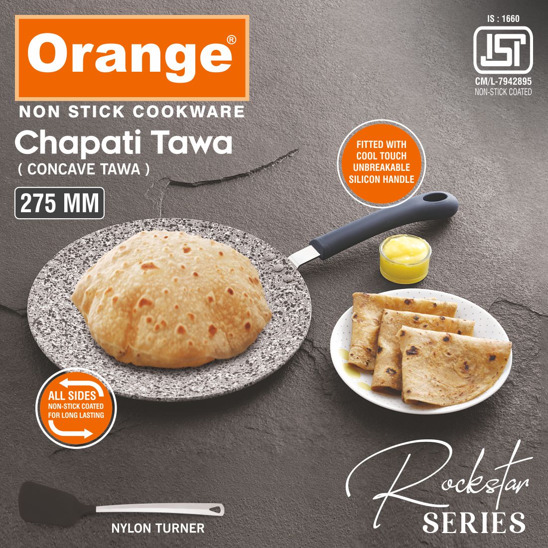 Orange Non-Stick Rockstar Series Roti Tawa/Concave Tawa/Chapati Tawa