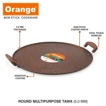 Orange Round Multipurpose 5MM Dosa Tawa | Multipurpose Tawa | Uttapam Tawa | Flat Tawa 33.5cm Diameter | Premium Spatter Finish | Heavy Tawa with Soft Touch Handles. Free Spatula & Scrubber(335mm, Brown)