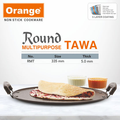 Orange Round Multipurpose 5MM Dosa Tawa | Multipurpose Tawa | Uttapam Tawa | Flat Tawa 33.5cm Diameter | Premium Spatter Finish | Heavy Tawa with Soft Touch Handles. Free Spatula & Scrubber(335mm, Brown)