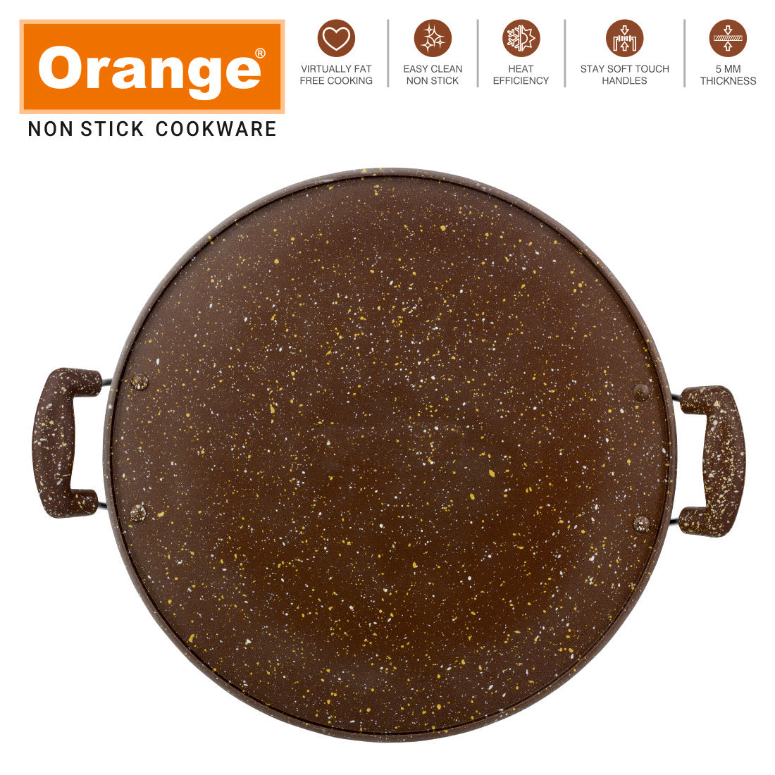 Orange Round Multipurpose 5MM Dosa Tawa | Multipurpose Tawa | Uttapam Tawa | Flat Tawa 33.5cm Diameter | Premium Spatter Finish | Heavy Tawa with Soft Touch Handles. Free Spatula & Scrubber(335mm, Brown)