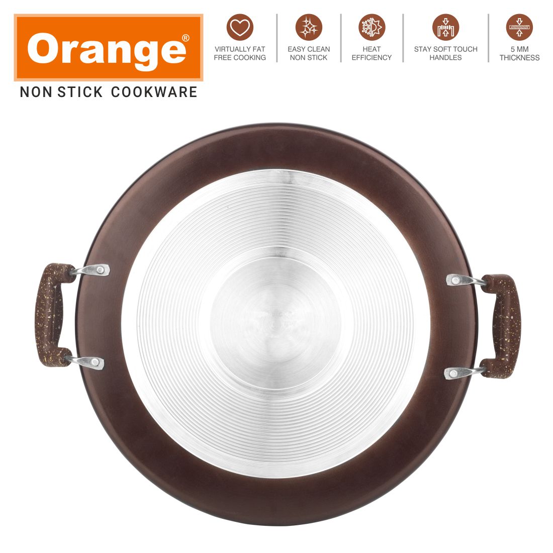 Orange Round Multipurpose 5MM Dosa Tawa | Multipurpose Tawa | Uttapam Tawa | Flat Tawa 33.5cm Diameter | Premium Spatter Finish | Heavy Tawa with Soft Touch Handles. Free Spatula & Scrubber(335mm, Brown)