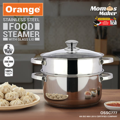 Orange Stainless Steel 2 Tier Food Steamer with Glass Lid | Momos/Modak/Vegetable Steamer | Base Pot Usable as Cooking Casserole | Induction Cooktop Friendly | 5 Year Warranty