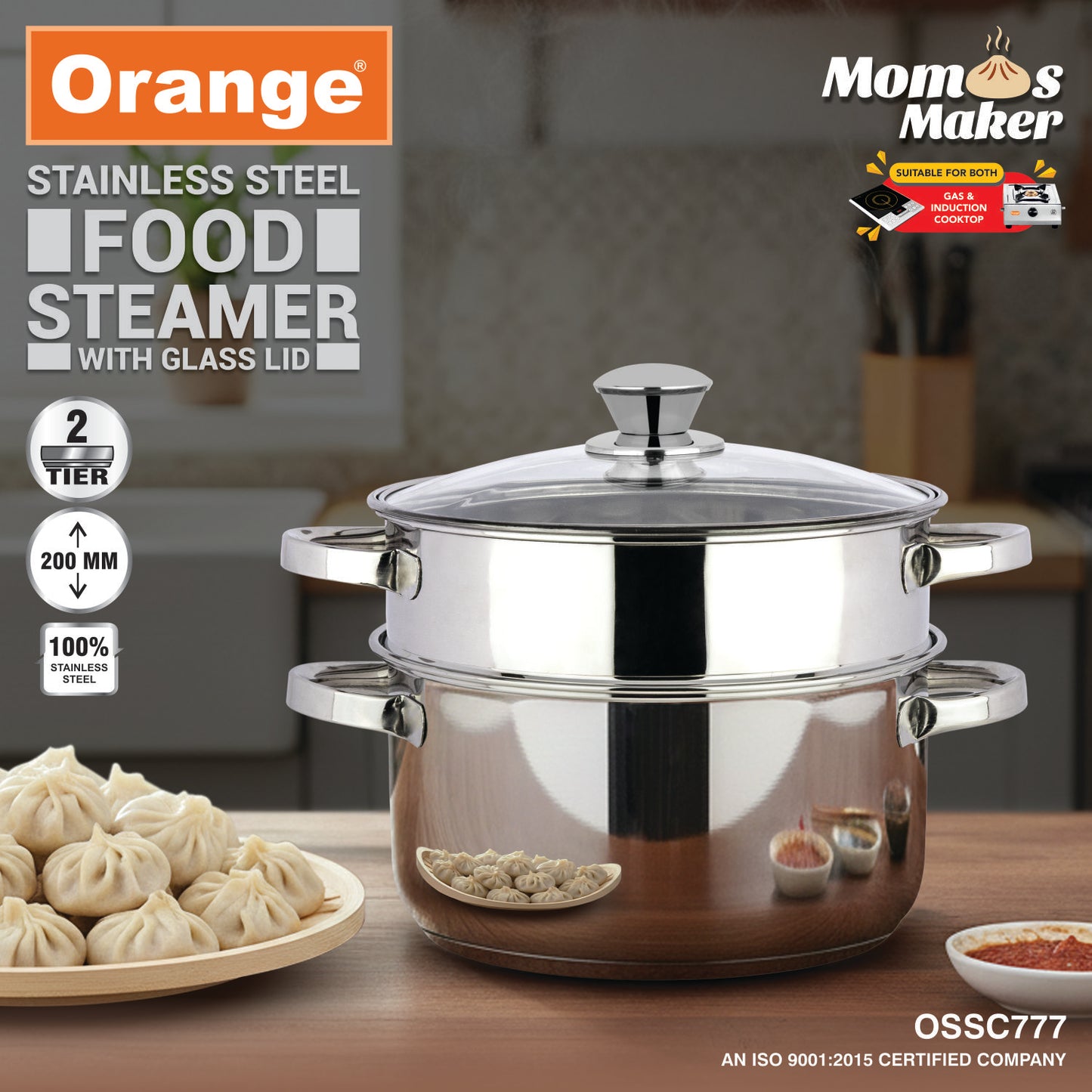 Orange Stainless Steel 2 Tier Food Steamer with Glass Lid | Momos/Modak/Vegetable Steamer | Base Pot Usable as Cooking Casserole | Induction Cooktop Friendly | 5 Year Warranty