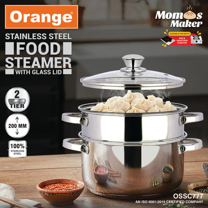 Orange Stainless Steel 2 Tier Food Steamer with Glass Lid | Momos/Modak/Vegetable Steamer | Base Pot Usable as Cooking Casserole | Induction Cooktop Friendly | 5 Year Warranty