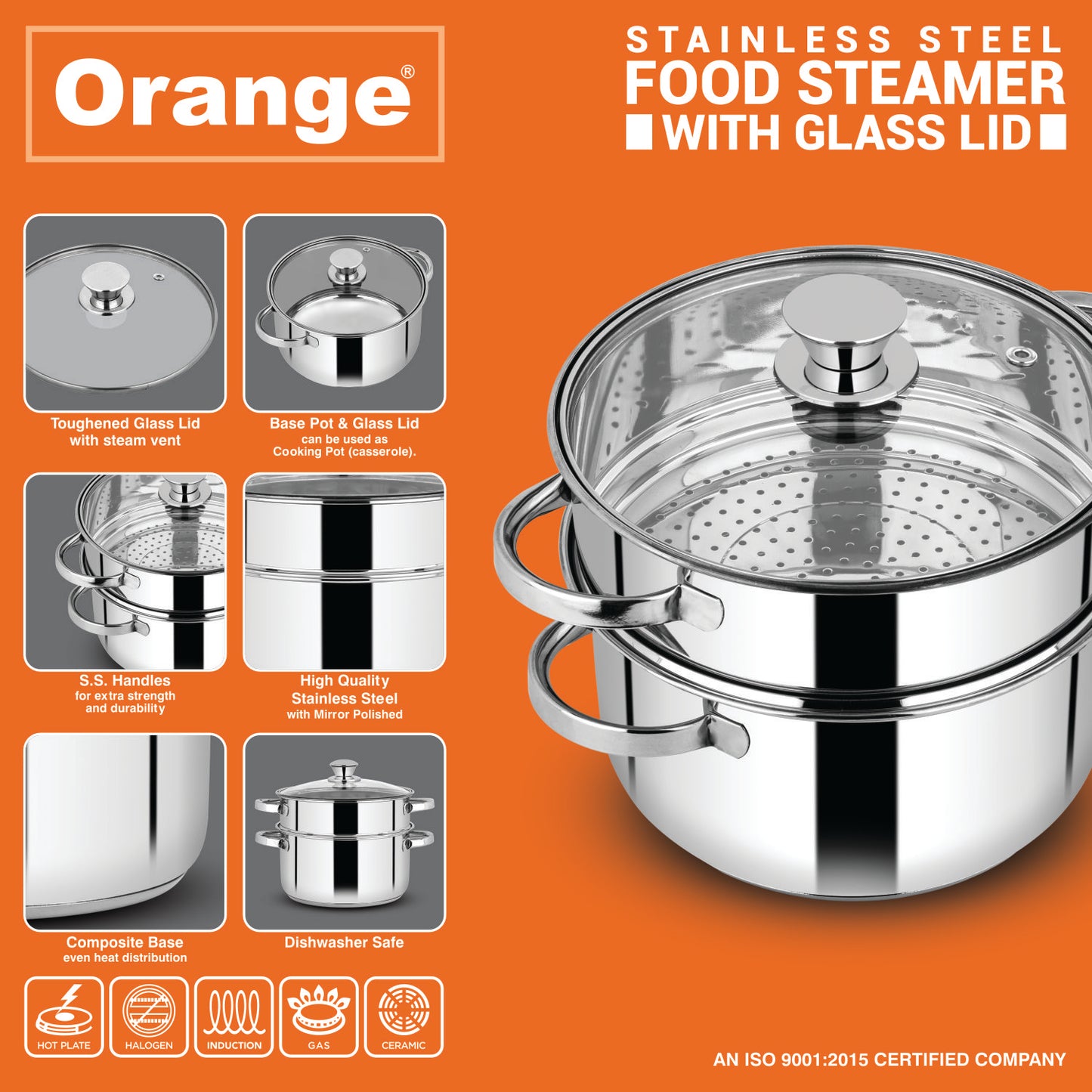 Orange Stainless Steel 2 Tier Food Steamer with Glass Lid | Momos/Modak/Vegetable Steamer | Base Pot Usable as Cooking Casserole | Induction Cooktop Friendly | 5 Year Warranty