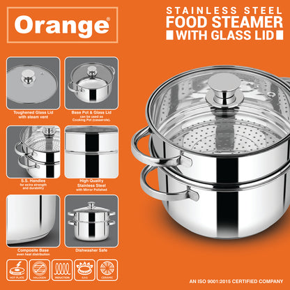 Orange Stainless Steel 2 Tier Food Steamer with Glass Lid | Momos/Modak/Vegetable Steamer | Base Pot Usable as Cooking Casserole | Induction Cooktop Friendly | 5 Year Warranty