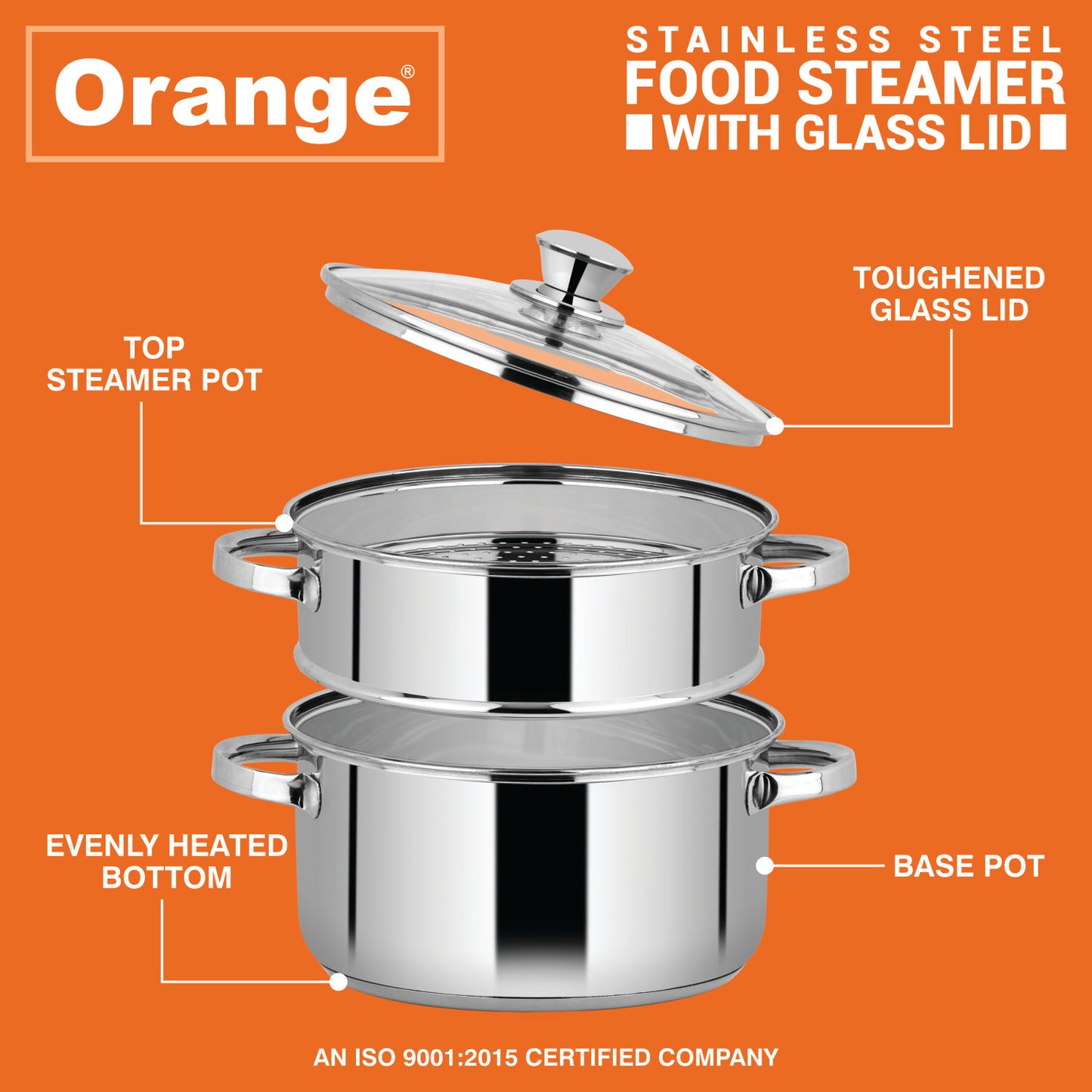 Orange Stainless Steel 2 Tier Food Steamer with Glass Lid | Momos/Modak/Vegetable Steamer | Base Pot Usable as Cooking Casserole | Induction Cooktop Friendly | 5 Year Warranty