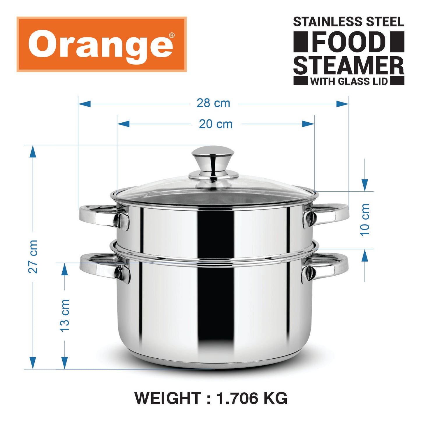 Orange Stainless Steel 2 Tier Food Steamer with Glass Lid | Momos/Modak/Vegetable Steamer | Base Pot Usable as Cooking Casserole | Induction Cooktop Friendly | 5 Year Warranty