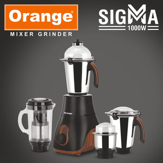 Orange 1000 Watts Mixer Grinder Sigma Sleek Woody Finish |100% Copper | 4 Unbrakable SS Coil and Blades | 2 Year Motor Warranty