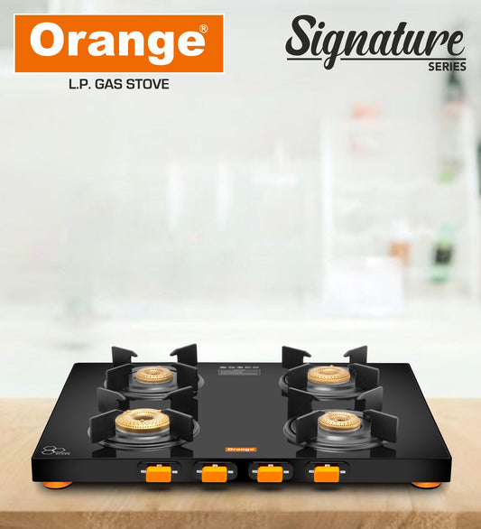 Orange Signature 4 Burner With Glass Top Gas Stove Black Colour