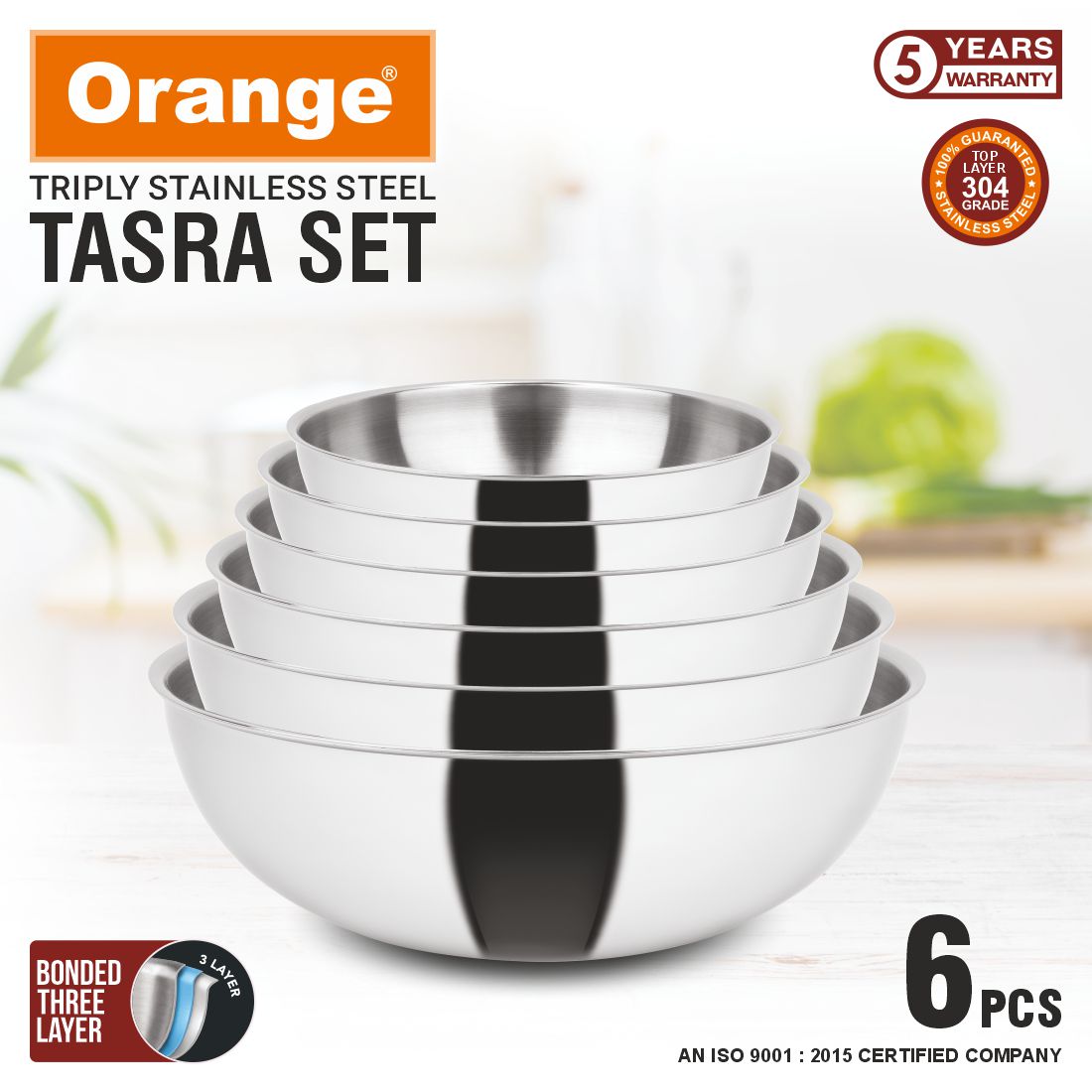 Orange Triply Stainless Steel Tasra Set (6pcs)