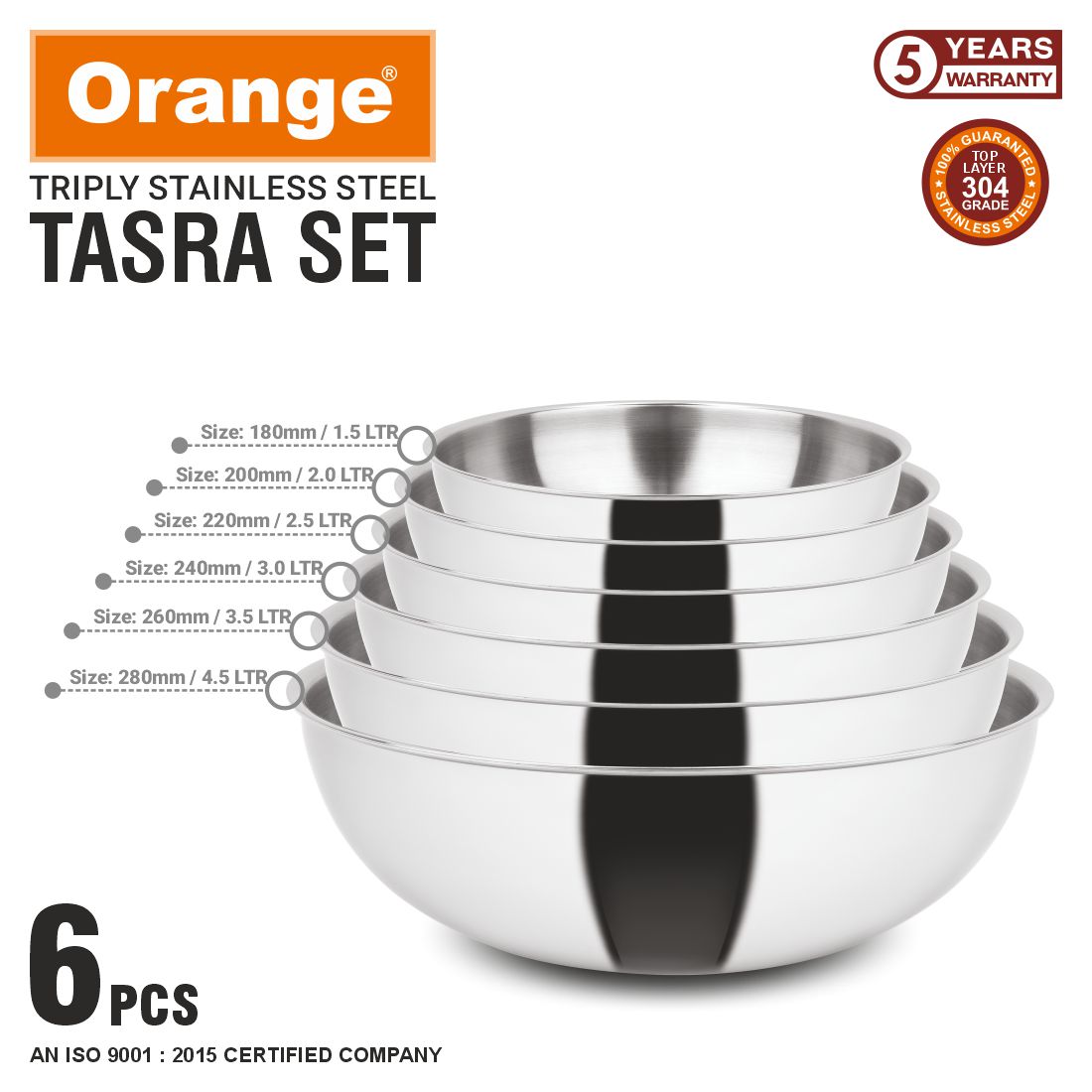 Orange Triply Stainless Steel Tasra Set (6pcs)