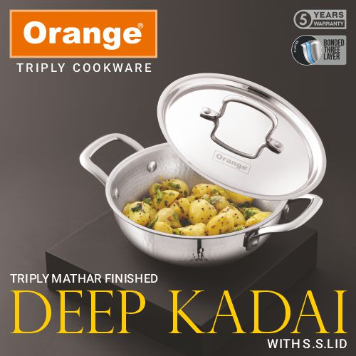 Orange Triply Stainless Steel Hammered (Mathar) Deep Kadai with SS Lid| Induction & Gas Compatible | Heavy 2.5mm Thick Bottom | Cool-Touch Handle| Silver| 5 Year Warranty