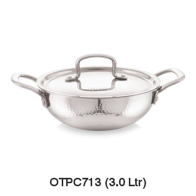 Orange Triply Stainless Steel Hammered (Mathar) Deep Kadai with SS Lid| Induction & Gas Compatible | Heavy 2.5mm Thick Bottom | Cool-Touch Handle| Silver