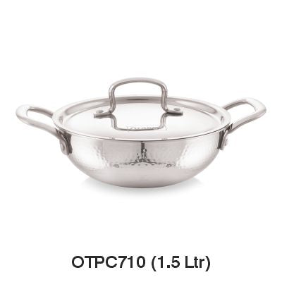 Orange Triply Stainless Steel Hammered (Mathar) Deep Kadai with SS Lid| Induction & Gas Compatible | Heavy 2.5mm Thick Bottom | Cool-Touch Handle| Silver