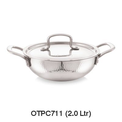 Orange Triply Stainless Steel Hammered (Mathar) Deep Kadai with SS Lid| Induction & Gas Compatible | Heavy 2.5mm Thick Bottom | Cool-Touch Handle| Silver