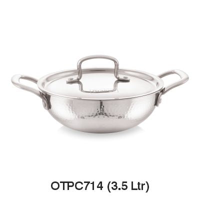 Orange Triply Stainless Steel Hammered (Mathar) Deep Kadai with SS Lid| Induction & Gas Compatible | Heavy 2.5mm Thick Bottom | Cool-Touch Handle| Silver
