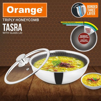 Orange Triply Honeycomb Stainless Steel Tasra Kadai with Glass Lid| Heavy Bottom, Scratch Resist Non-Stick Tasra/Tasla | Induction Friendly