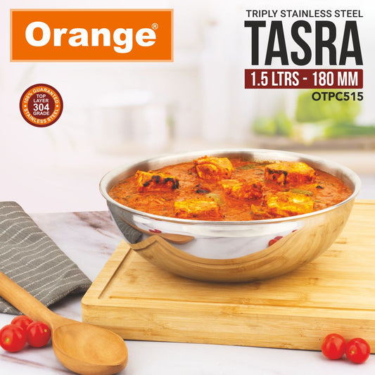 Orange Stainless Steel (Triply Tasra Without Lid 3 Layers Kadai | Heavy Bottom | 2.5mm Thickness | Multi-Purpose & Durable | Induction and Gas Stove Friendly | Silver