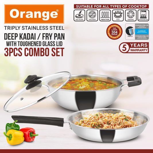 Orange Stainless Steel Triply 3 pc Combo Cookware Set | (Kadai 2.5ltr, 22cm) & (Fry pan 1.5ltr, 22cm) with Glass lid | Induction Friendly | 2.5mm Thickness | 5Year Warranty |(COOL TOUCH)