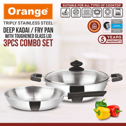 Orange Stainless Steel Triply 3 pc Combo Cookware Set | (Kadai 2.5ltr, 22cm) & (Fry pan 1.5ltr, 22cm) with Glass lid | Induction Friendly | 2.5mm Thickness | 5Year Warranty |(COOL TOUCH)