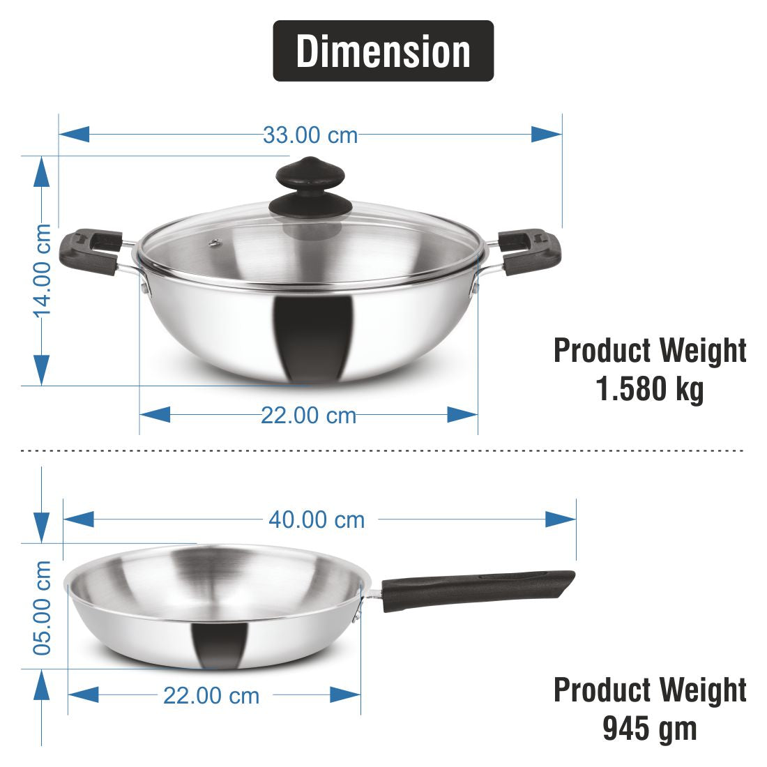 Orange Stainless Steel Triply 3 pc Combo Cookware Set | (Kadai 2.5ltr, 22cm) & (Fry pan 1.5ltr, 22cm) with Glass lid | Induction Friendly | 2.5mm Thickness | 5Year Warranty |(COOL TOUCH)