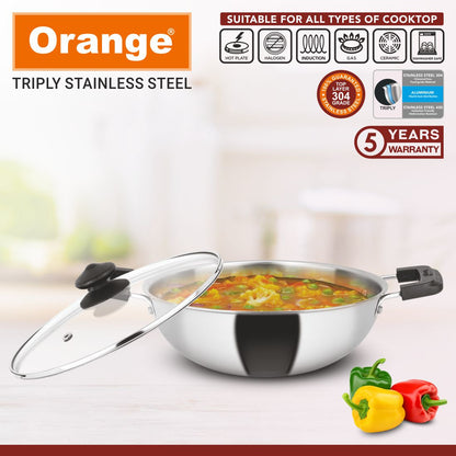 Orange Stainless Steel Triply 3 pc Combo Cookware Set | (Kadai 2.5ltr, 22cm) & (Fry pan 1.5ltr, 22cm) with Glass lid | Induction Friendly | 2.5mm Thickness | 5Year Warranty |(COOL TOUCH)