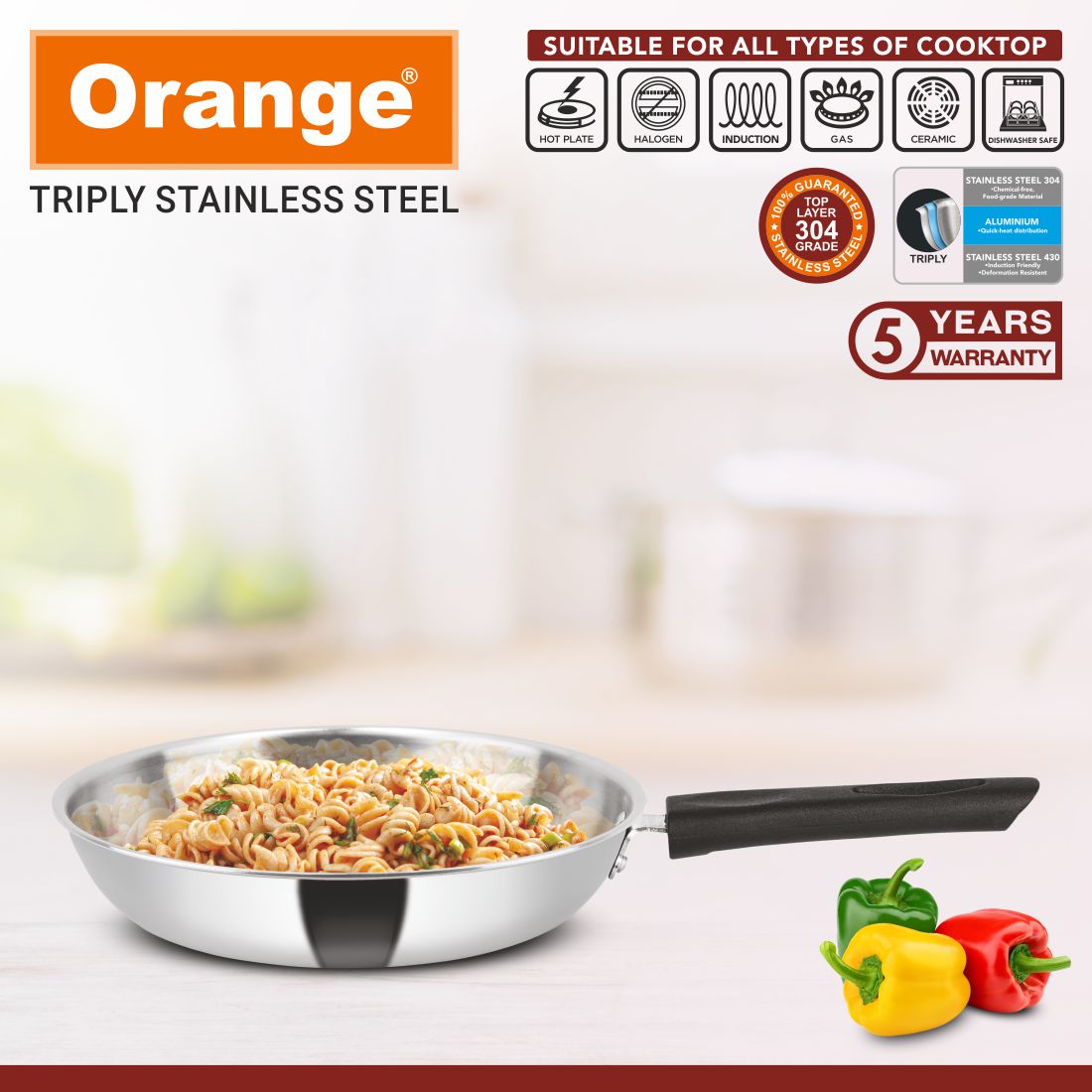 Orange Stainless Steel Triply 3 pc Combo Cookware Set | (Kadai 2.5ltr, 22cm) & (Fry pan 1.5ltr, 22cm) with Glass lid | Induction Friendly | 2.5mm Thickness | 5Year Warranty |(COOL TOUCH)