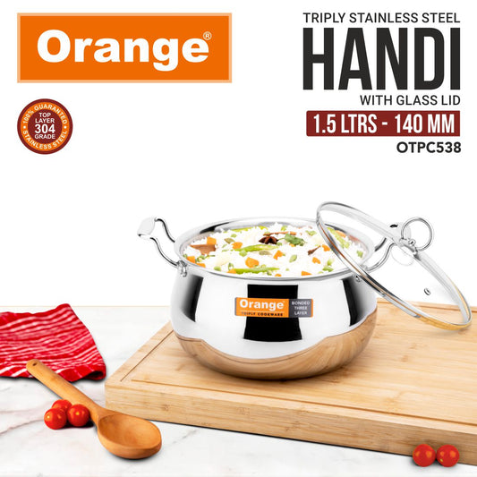 Orange Stainless Steel Triply Cook & Serve Handi/Biryani Pot/Kadai